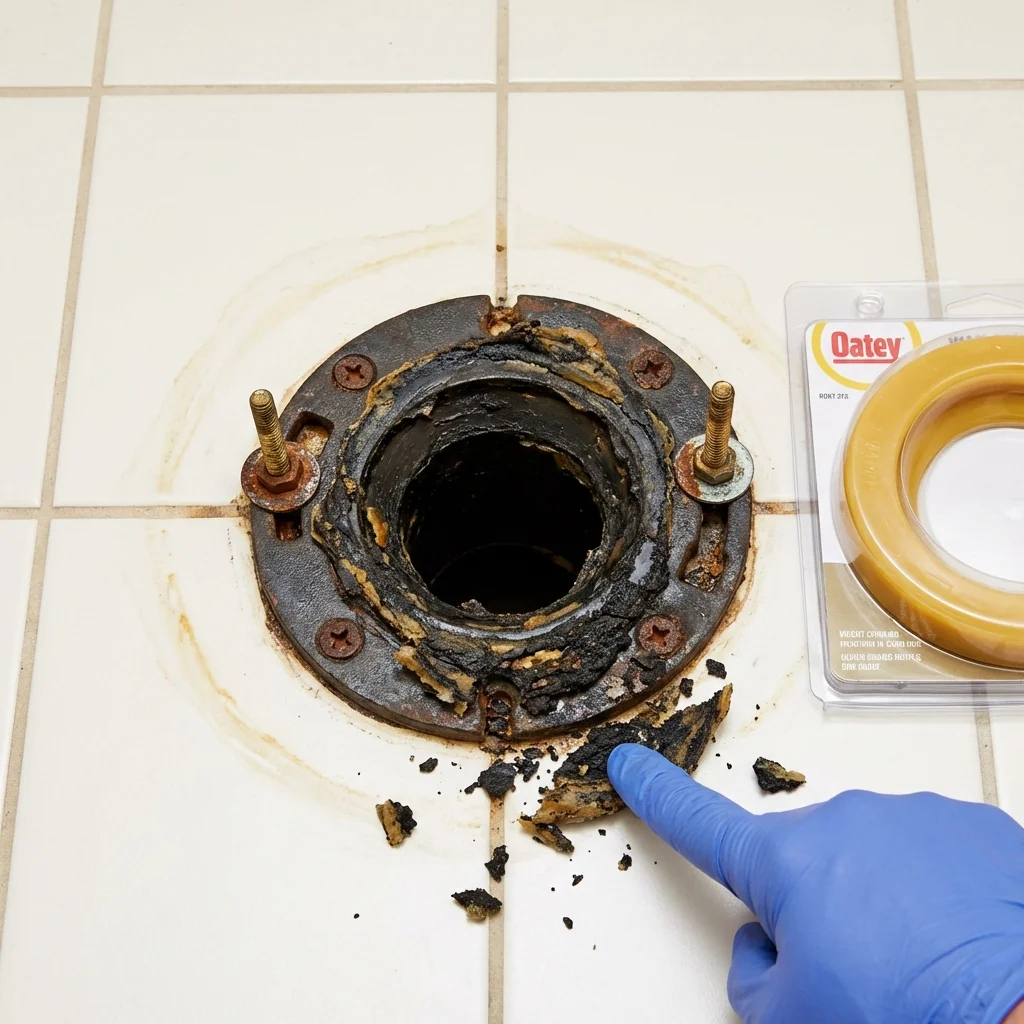 Failed wax ring showing water seepage at the base of a toilet in a Spring Hill, KS home