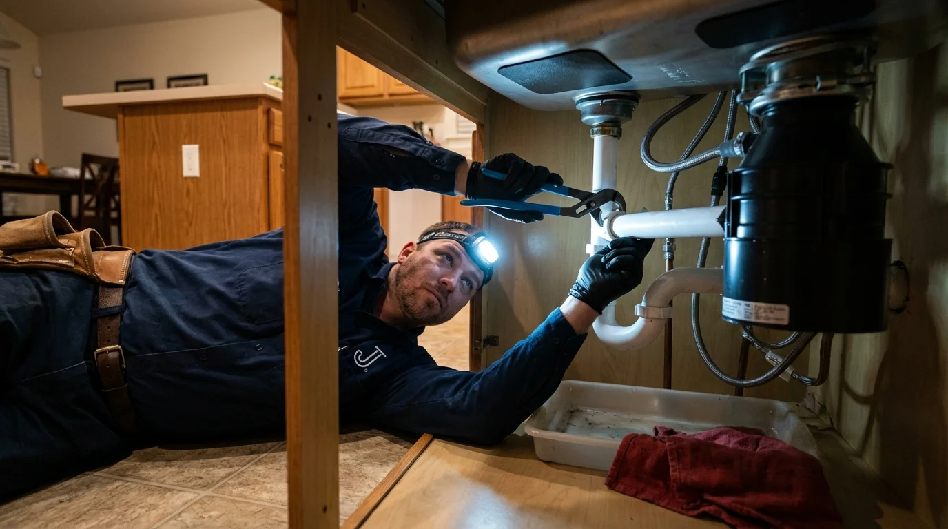 P-trap and supply line connections under a kitchen sink showing a common leak point in Spring Hill, KS